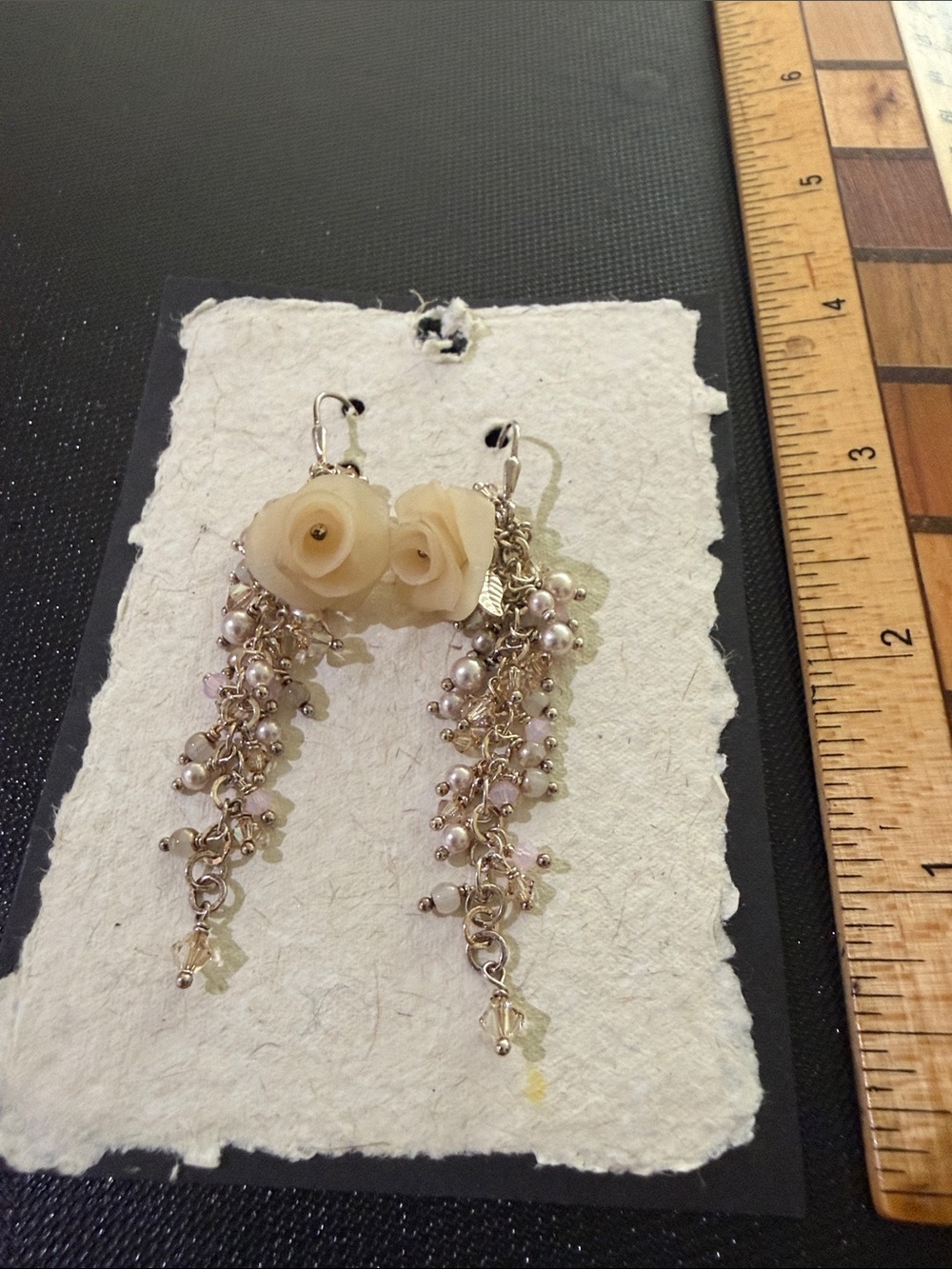 Delicate Cream Rose Dangle Earrings with Pearl Cascade